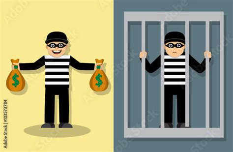 Joyful Thief In A Mask Standing And Holding Bags Of Money Sad Thief Is In Jail Buy This Stock