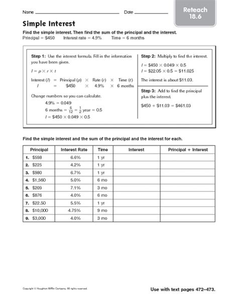 Simple interest is rate of interest calculated only on the principal amount, or on that portion of the principal amount that remains. Simple Interest - Reteach 18.6 Worksheet for 5th - 7th ...
