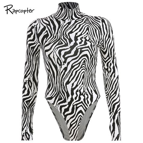 rapcopter womens zebra stripe bodysuits fashion skinny turtleneck jumpsuit long sleeve autumn