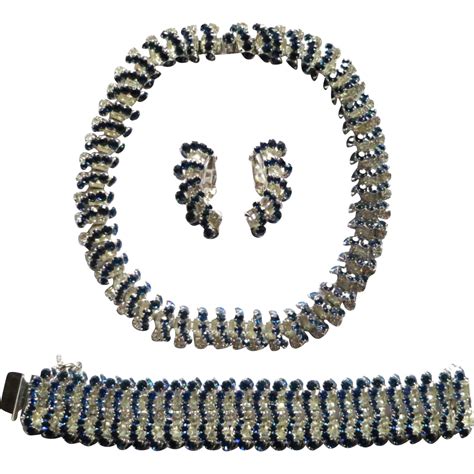 Vintage Kramer Blue Clear Rhinestone Necklace Bracelet Earrings Set