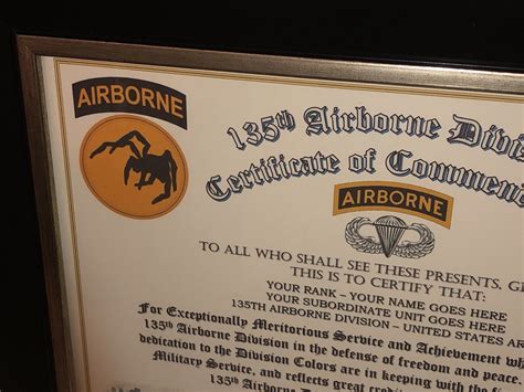 135th Airborne Phantom Division Commemorative Certificate Of