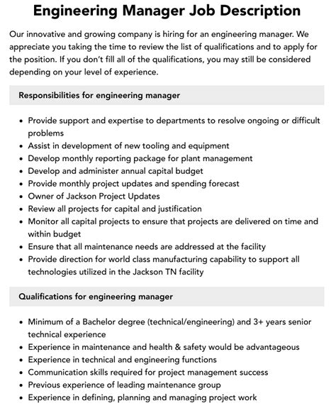 Engineering Manager Job Description Velvet Jobs