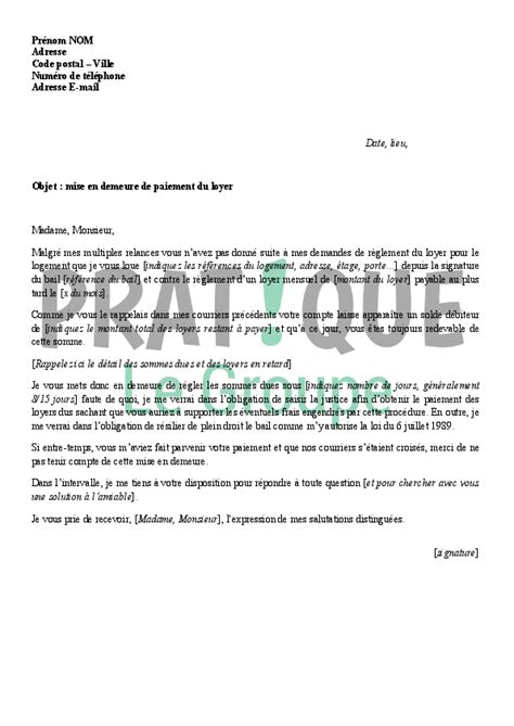 Lettre De Mise En Demeure De Paiement Du Loyer Pratiquefr