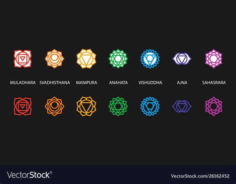 Set Seven Chakra Symbols With Names Royalty Free Vector