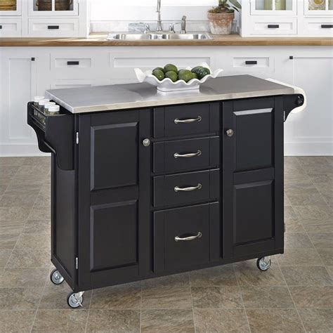 Home styles kitchen island and two bar stools are constructed of solid hardwoods and engineered wood with a rich white finish and a distressed oak finished top for an aged look. Home Styles Stainless Steel Kitchen Island Cart in Black ...