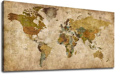 Vintage World Map Wall Art Canvas Picture Large Antiqued