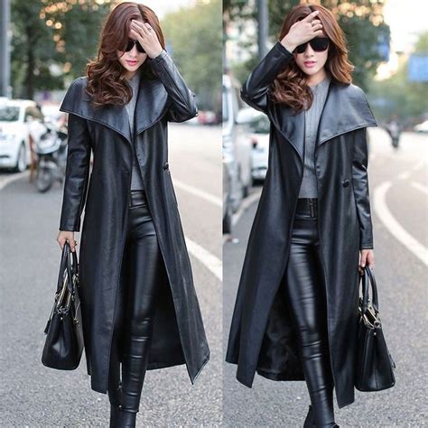Vogue Street Style Womens Long Faux Leather Trench Coats Belt Jackets Overcoat In Clothes