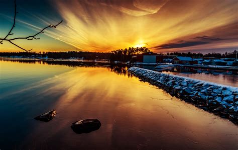 Wallpaper Blue Sunset Red Water Yellow Stone Sunrise Forrest