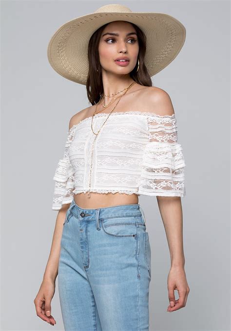 Laceoffshouldercroptop Details In A Soft And Stretchy Lace This