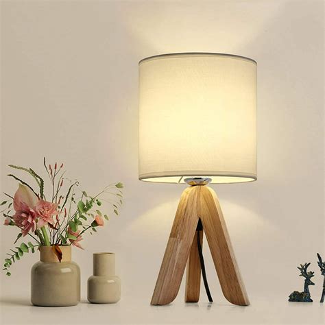 Small Bedside Table Lamp Wooden Tripod Nightstand Lamp For Bedroom