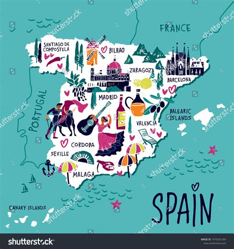 Vector Illustration Of The Cartoon Spain Map With The Architecture