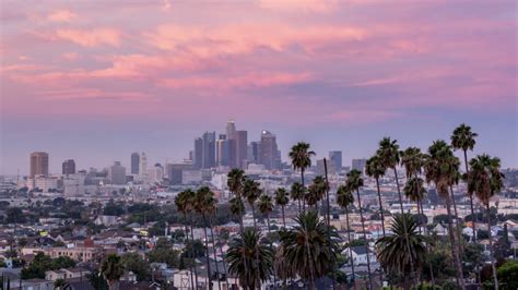 4k Downtown Los Angeles Skyline With Palm Trees At Sunset Emerics