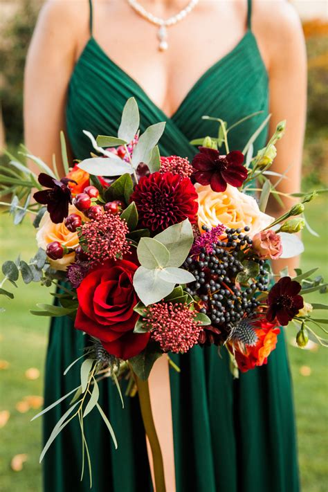 Tropical wedding bouquet in red and orange with red ginger and bird of paradise flowers in costa rica. Rustic autumn wedding bridesmaids bouquet red orange ...
