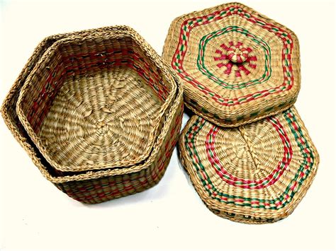 Vintage Sweet Grass Baskets Set Of 2 Woven Hexagonal Nesting Etsy