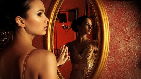 1920x1080 Women Model Brunette Long Hair Looking Away Face Bare Shoulders Portrait Mirror Brown