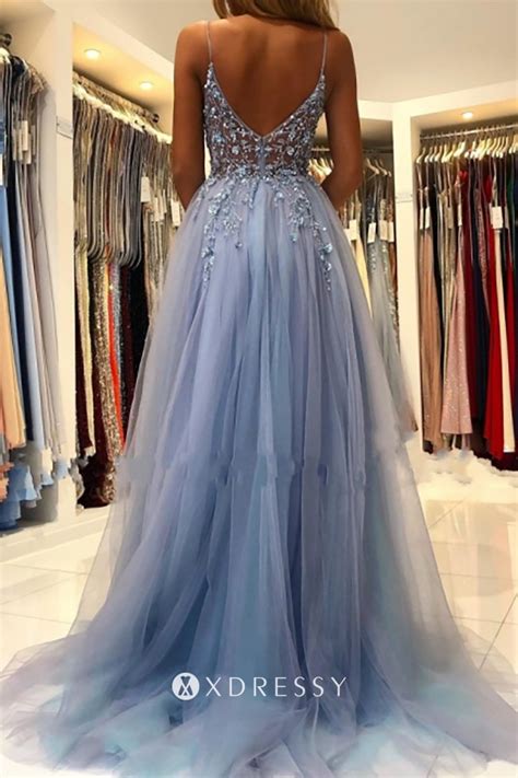 dusty blue beaded floral lace and tulle sheer prom gown xdressy