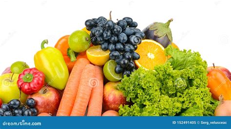 Heap Fresh Fruits And Vegetables Isolated On White Stock Image