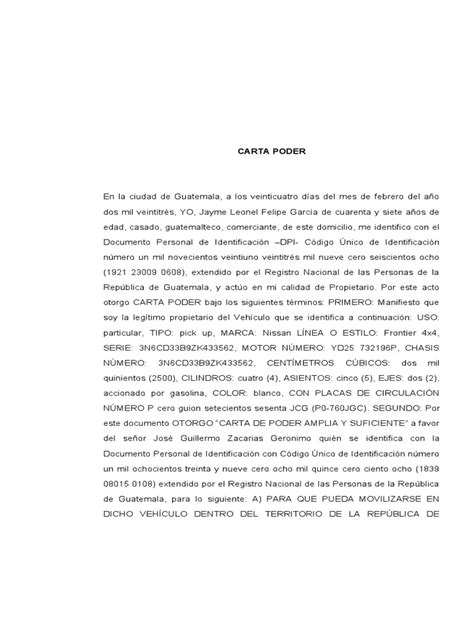 Carta Poder Para Vehículo Pdf Guatemala