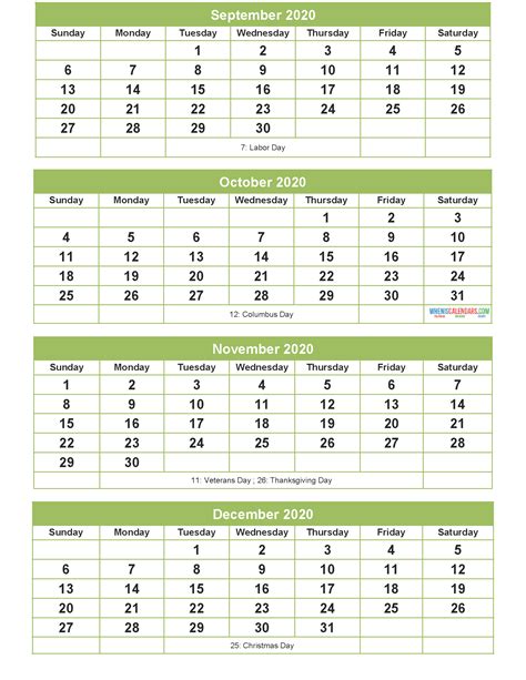 Printable Calendar 2020 September October November December Word Pdf