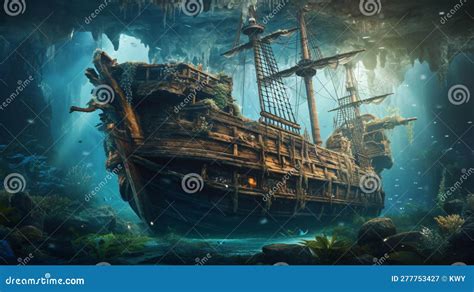 Pirate Ship Sunk Under Water Generative Ai Stock Illustration