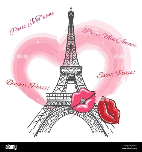 Love Paris Poster With Eiffel Tower Heart And Lips Vector