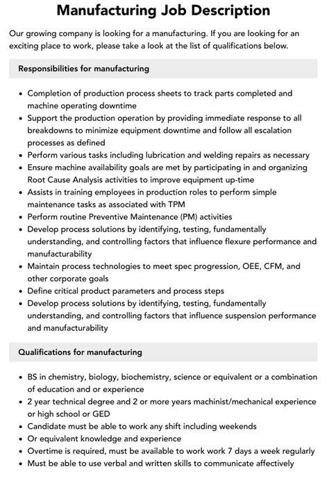 Manufacturing Job Description Velvet Jobs