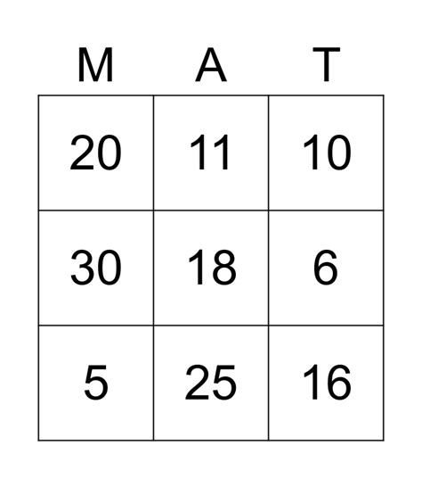 Numeracy Bingo Card