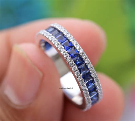 250 Mm Princess Cut Blue Sapphire Gemstone Band 14k White Etsy