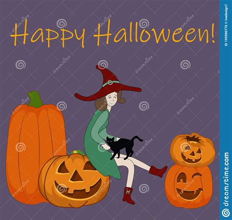 Happy Halloween Card Witch Sitting On A Huge Pumpkin Holding Her Cat Stock Vector Illustration