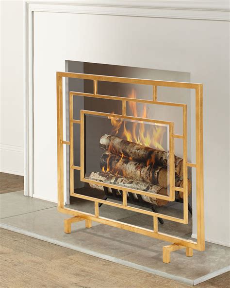 Antiqued Gold Glass Panel Fireplace Screen Neiman Marcus