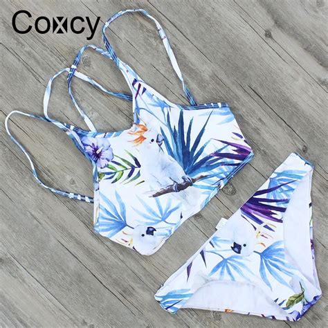 Coxcy Sexy Criss Cross Bandage Bikinis Set Leaf Printed Backless