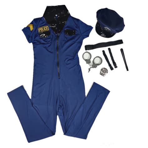 Adult Sexy Blue Cop Jumpsuit Costume Halloween Policewoman Cosplay Uniform For Women Fancy Dress