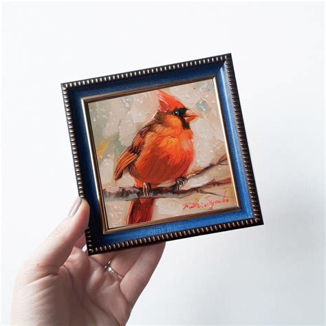 Cardinal Bird Oil Painting Original Small Art Framed Gold Red Etsy