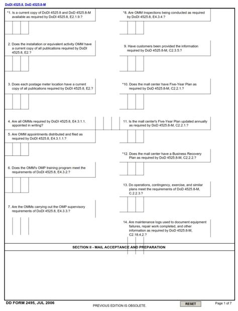 Dd Form 2495 Official Mail Managers Inspection Checklist Dd Forms