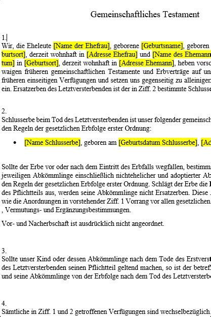 Schließlich hängt es ganz von der eigenen vermögenslage und dem umfeld ab. Gemeinschaftliches Testament - ein Kind - FOCUS Online PDF ...