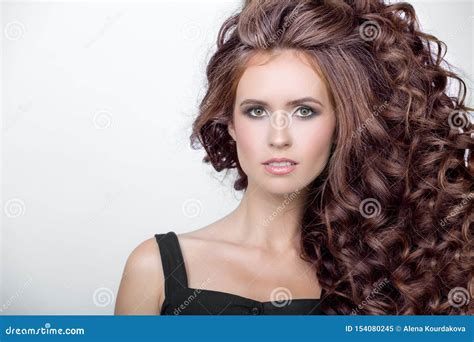 Beautiful Woman With Curly Brown Thick Hair Face Closeup Portrait