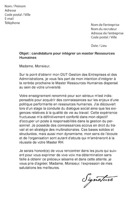 exemple lettre de motivation master 2 ressources humaines