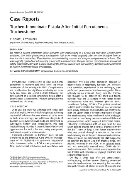 PDF Tracheo Innominate Fistula After Initial Percutaneous Tracheostomy