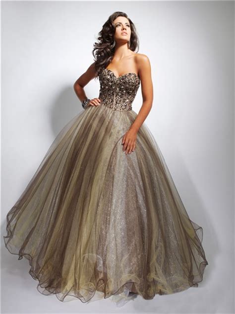 Ball Gown Sweetheart Long Chocolate Brown Tulle Evening Prom Dress With