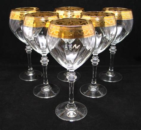 Set Of 6 Italian Crystal Wine Water Glasses Gold Rim Beverage Drinkware 12 Oz For Sale Online