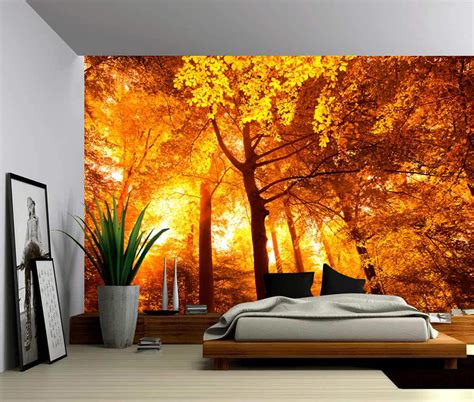 Landscape Sun Trees Autumn Forest Self Adhesive Vinyl Wallpaper Peel And Stick Fabric Wall Decal