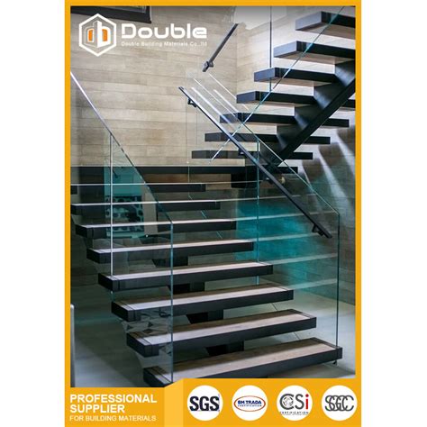 Double Stainless Steel Handrail Wood Stair With Glass Railing China