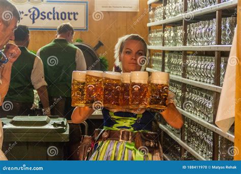 Munich Germany September 17 2016 Waitress Carrying Many Beer Glasses At The Oktoberfest In
