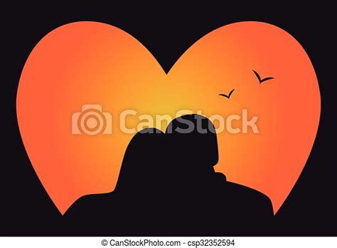 Silhouette Couple In Love Who Look At The Sunset Vector Illustration
