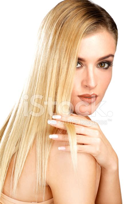 Beautiful Model Showing Her Perfect Blonde Straight Hair Stock Photo