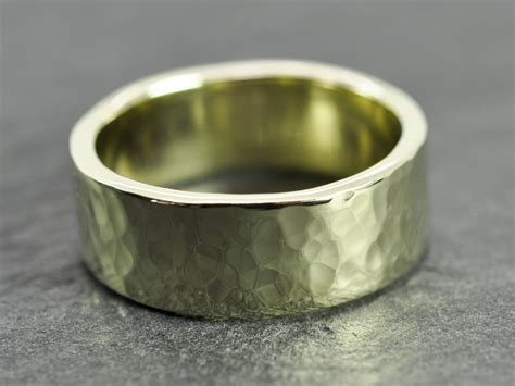 14k Green Gold Mens Wedding Band Hammered Gold Ring 8mm