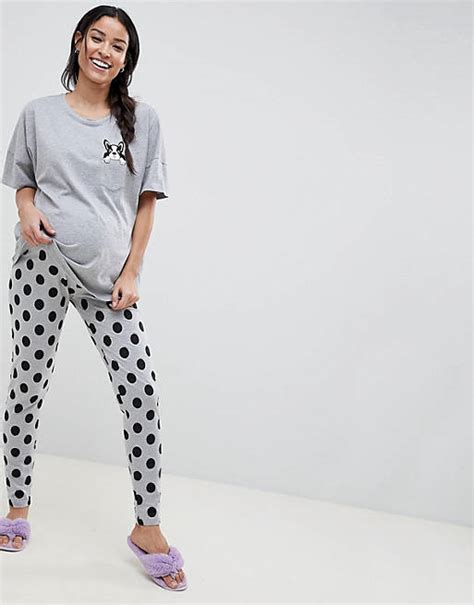 Asos Design Maternity Frenchie Pocket Tee And Legging Pj Set Asos