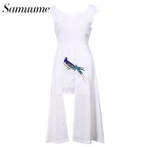 Samuume Fashion Birds Print Embroidery V Neck White Dress Women 2017