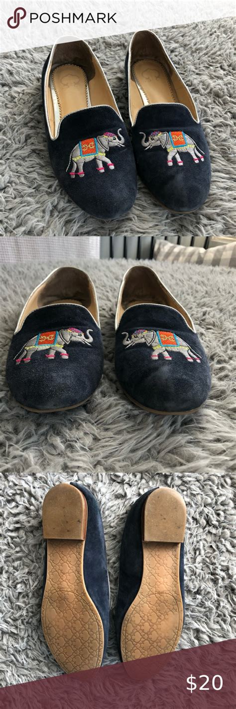 C Wonder Elephant Flats Navy Blue Suede Loafers With Embroidered