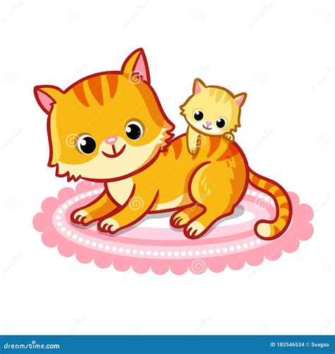 Cute Cat With A Kitten On A White Background Vector Illustration With